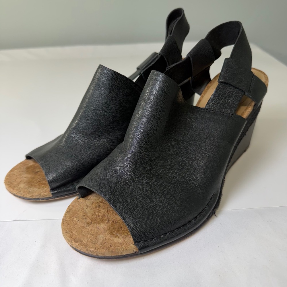 Clarks Spiced Bay‎ Black Leather Wedge Sandals Peep Toe Slingback Womens 9M